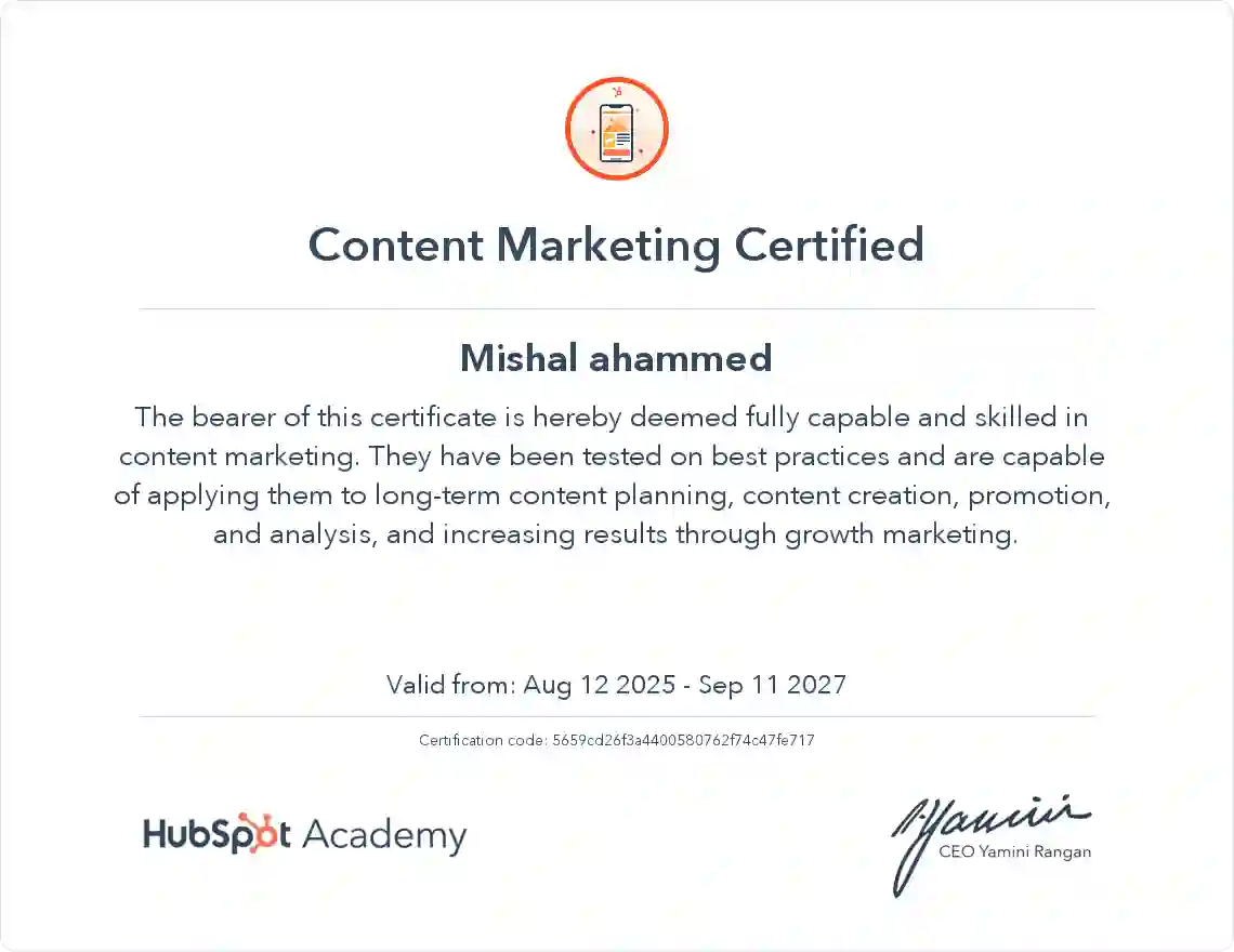 hubspot-certificate-of-freelance digital marketer in malappuram